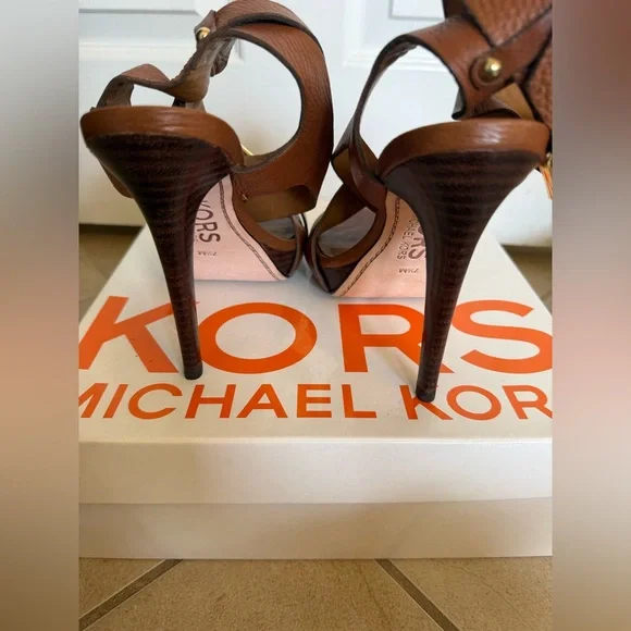 Kors Michael Kors Strappy Leather Cognac Gold Hardware Heels - Picture 6 of 7